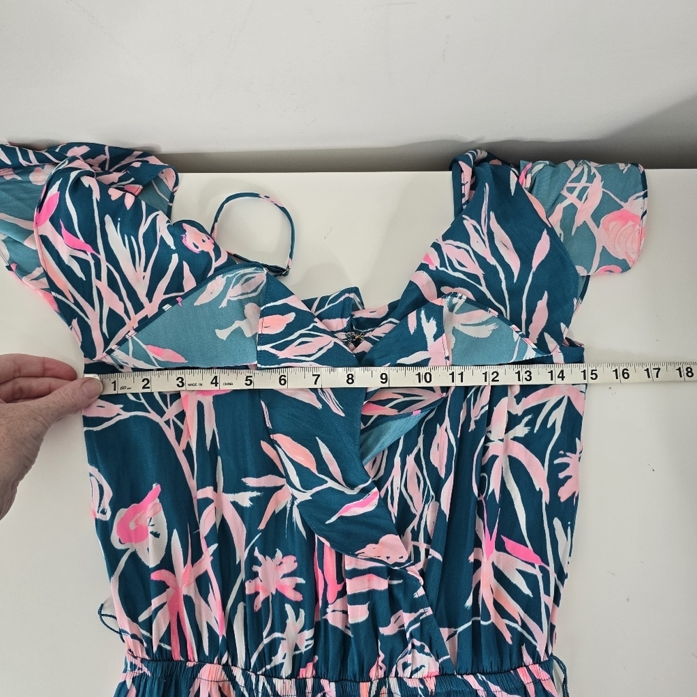 Lilly Pulitzer Emilea Jumpsuit S Tidal Wave Prme Time Print Ruffles Wide Leg - Picture 8 of 14